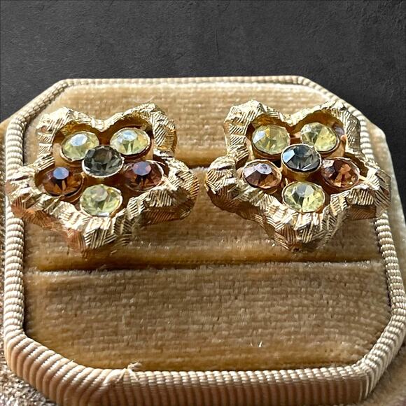 Coro Jewelry - Vintage Coro Crystal Gold Tone Signed Star Flower Earrings Clip on